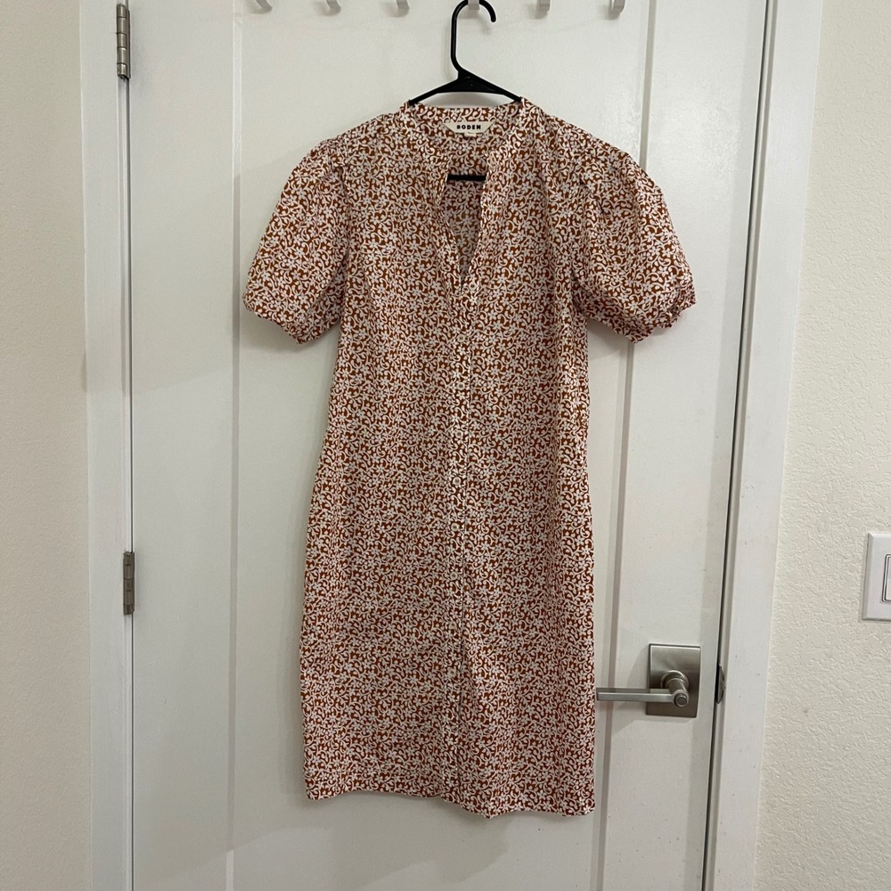 Boden Womens Puff Sleeve Midi Dress Brown Front Button Cottagecore - Picture 2 of 10